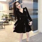 Long-sleeve Tie-waist Mini A-line Velvet Dress