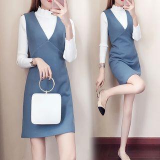 Mock-neck Long-sleeve Knit Top / V-neck Sleeveless A-line Dress / Set