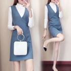 Mock-neck Long-sleeve Knit Top / V-neck Sleeveless A-line Dress / Set