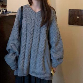 Oversized V-neck Cable Knit Sweater