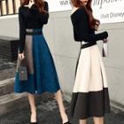 Set: Long-sleeve Top + Color Block Midi A-line Skirt