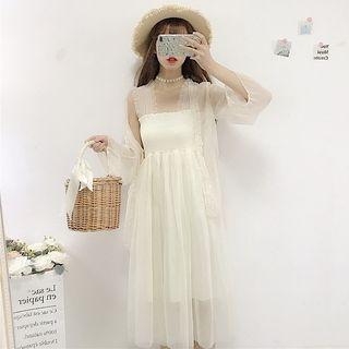 Frill Trim Light Jacket / Spaghetti Strap Mesh Dress