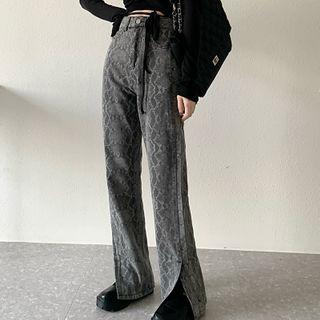 Snake Print Slit Straight Leg Jeans