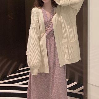 Long-sleeve Floral Print A-line Midi Dress / Cardigan / Set