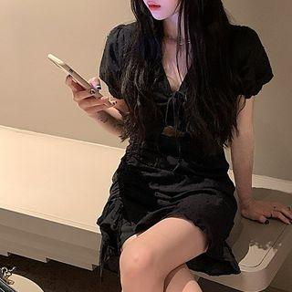 Short-sleeve Drawstring Mini Dress Black - One Size