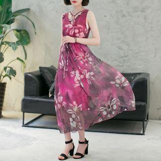 Beaded Printed Sleeveless Chiffon Maxi Dress