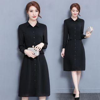 Long-sleeved Collared Chiffon A-line Plain Slim Long Sheath Dress