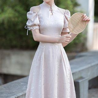 Short-sleeve Cold-shoulder Slit Midi A-line Dress