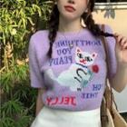 Short-sleeve Cartoon Cat Knit Top Purple - One Size