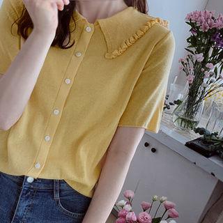 Frilled-collar Button-detail Knit Top