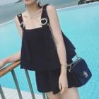 Set: Sleeveless Buckle Strap Top + Wide-leg Shorts