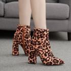 Leopard Print Faux Suede Chunky Heel Short Boots