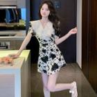 Set: Puff-sleeve Floral Print Collared A-line Dress + Shorts