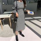 Round-neck Tie-waist Gingham Dress Black - One Size