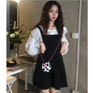 Lantern-sleeve Blouse / Plain Pinafore Dress