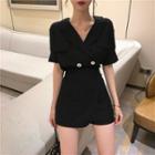 Set: Short-sleeve Double-breasted Blazer + High-waist Mini A-line Skort