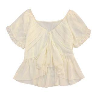 Short-sleeve V-neck Frill Trim Peplum Top