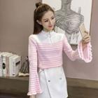 Mock-neck Front-zip Striped Knit Top