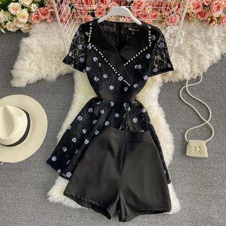 Set: Faux Pearl Short Sleeve Lace Dress + Shorts