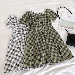 Color-block Plaid Lace-up Square-neck Short-sleeve Dress