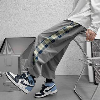 Plaid Panel Plain Wide Leg Drawstring Pants