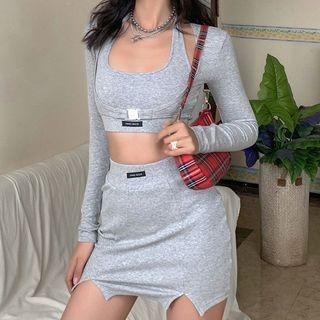 Set: Long Sleeve Halter-neck Crop Top + Pencil Skirt