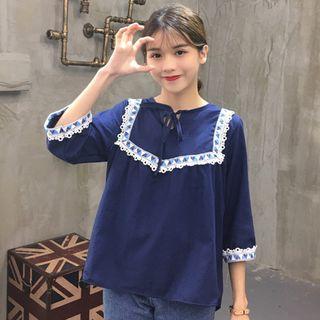 Patterned Trim 3/4 Sleeve Blouse