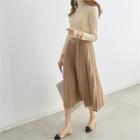 Set: Turtle-neck Knit Top + Accordion-pleat Long Skirt + Belt