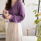 Balloon-sleeve Cable-knit Wool Blend Cardigan