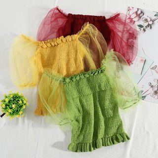 Mesh-sleeve Smocked Knit Top