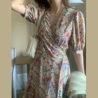 Elbow-sleeve Floral Print Midi A-line Dress Beige & Orange & Purple - One Size