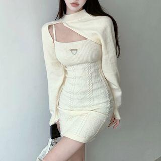 Set: Spaghetti Strap Chained Knit Dress + Asymmetrical Crop Sweater