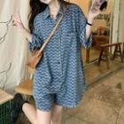 Short-sleeve Patterned Denim Romper