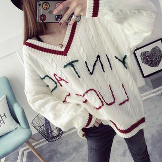 Lettering Cable Knit V-neck Sweater