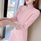 3/4-sleeve Lace Trim Fluffy Midi Sheath Qipao Dress