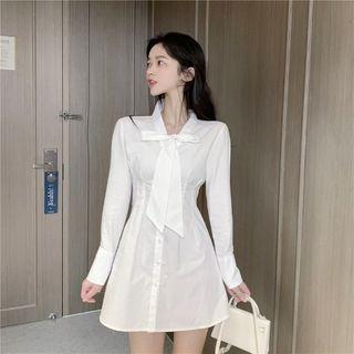 Long-sleeve V-neck Ribbon Shirtdress