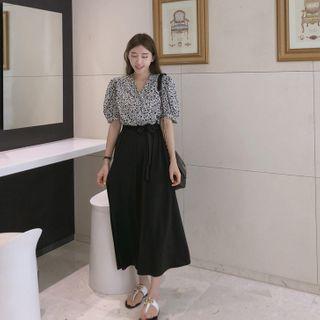 Floral-panel Tie-waist Long Dress Black - One Size