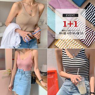 Set Of 2: Spaghetti-strap Rib-knit Top