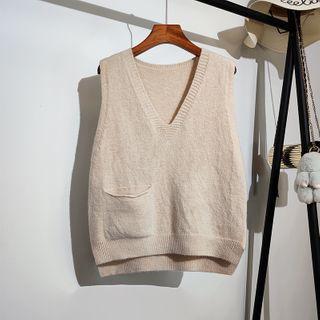 V-neck Plain Pocket Knit Vest