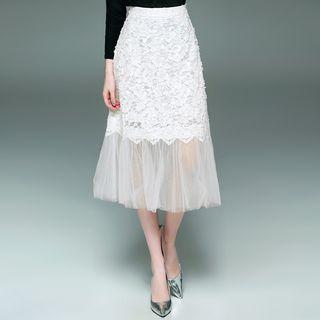 Mesh-hem A-line Lace Skirt