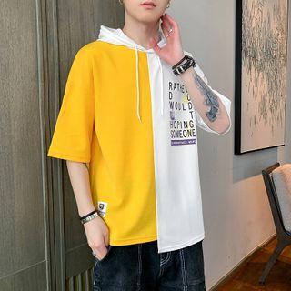 Short-sleeve Paneled Lettering Hoodie