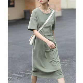 Crew-neck Short-sleeve Midi T-shirt Dress Army Green - One Size