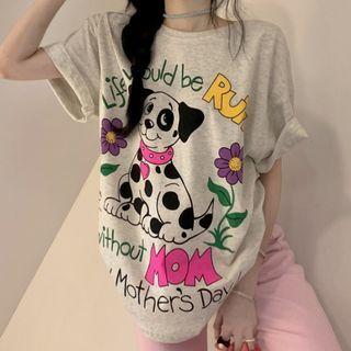 Short-sleeve Cartoon Print T-shirt Light Gray - One Size