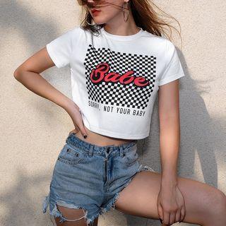 Short-sleeve Lettering Plaid Crop Top