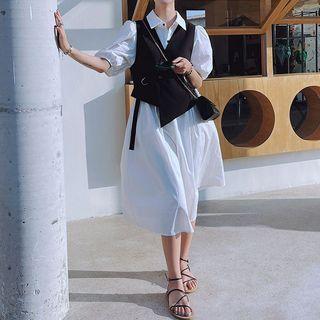 Set: Puff-sleeve Shirt Dress + Vest
