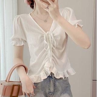 Short-sleeve Drawstring Frill Trim Top