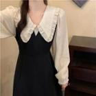 Long-sleeve Two-tone Frill Trim Midi A-line Dress