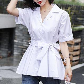 Plain Short-sleeve Tie-waist Blouse