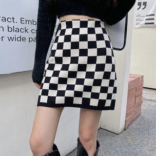 Checkered Knit Mini Pencil Skirt