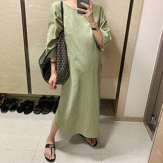 3/4-sleeve Linen Blend Long Shift Dress